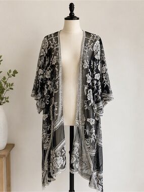 SHEIN Black Lace Cardigan Embroidered Open Front